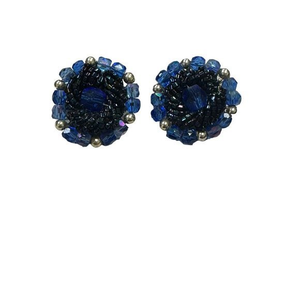 Japan Signed Earrings Clip On Blue Gold‎ Beaded Round Silver Tone Vintage